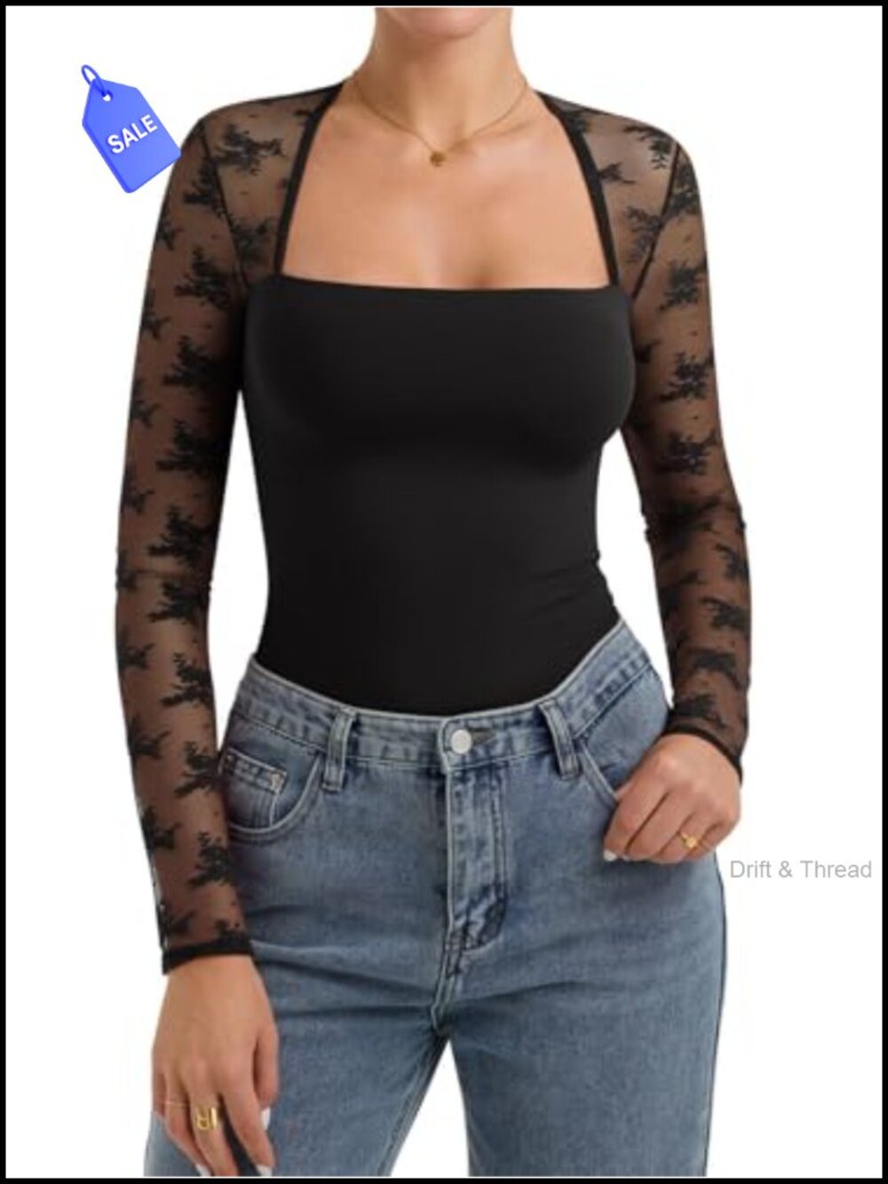 Women's Square Neck Lace Long Sleeve Top Sheer Back Slim Fit